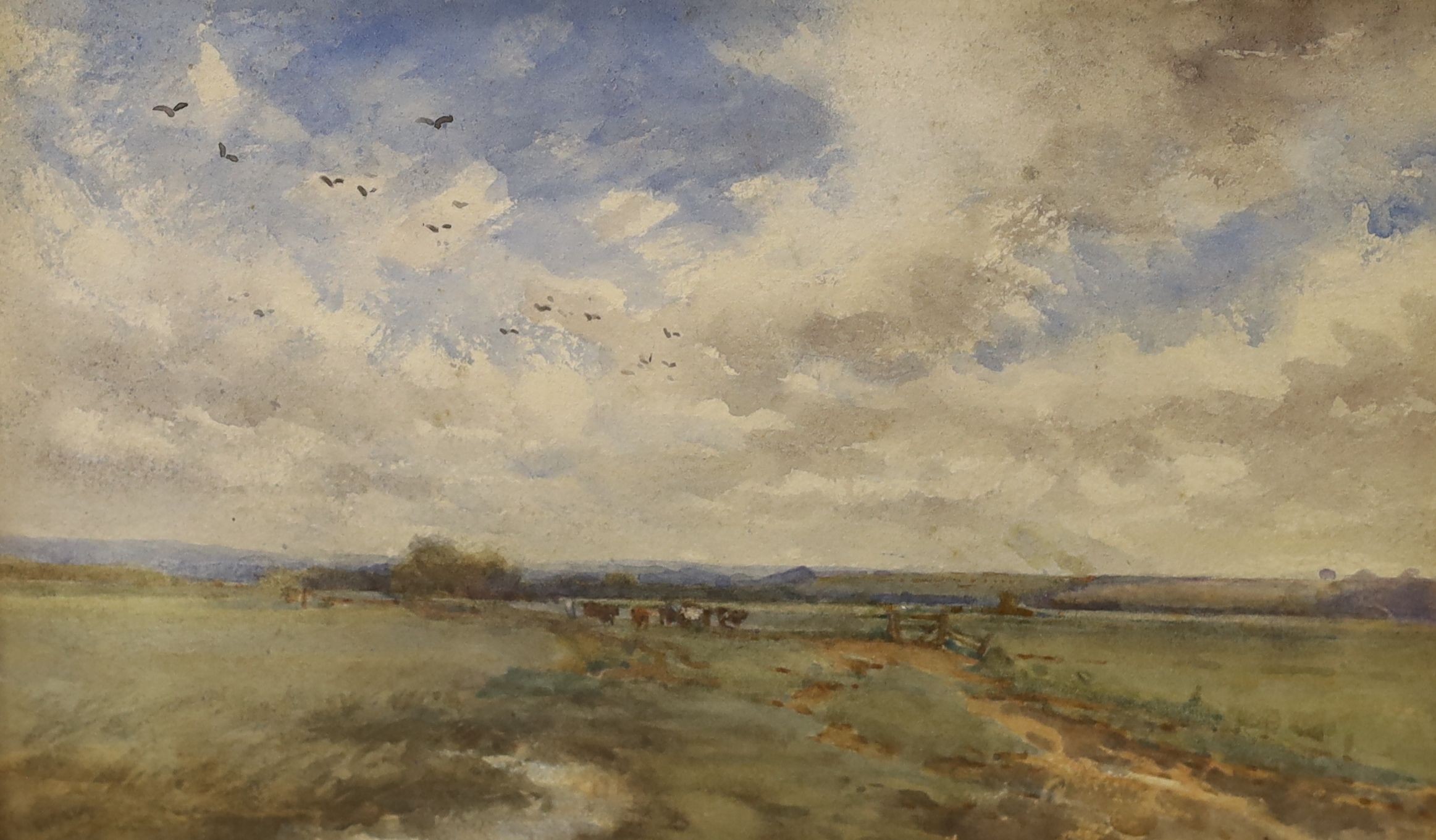 Early 20th Century English School, pair of watercolours, Chickens beside a barn and Cattle in an open landscape, indistinctly signed, 16 x 26cm